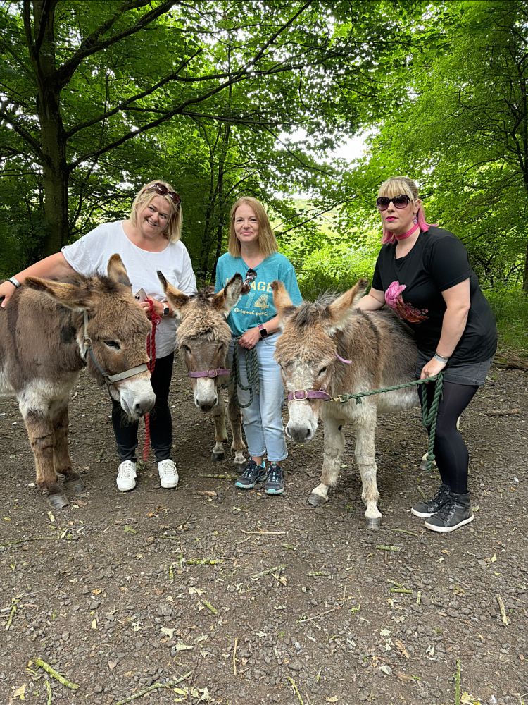 three women standing with donkeys in the woods on a donkey walk experience