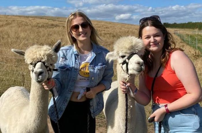 two women standing next to alpacas on an alpaca walk experience