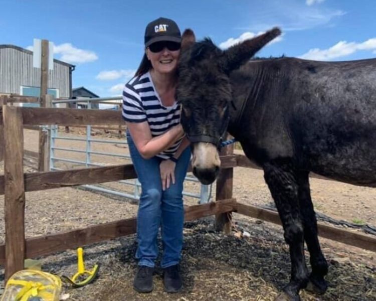 a woman standing next to a donkey on a donkey grooming experience