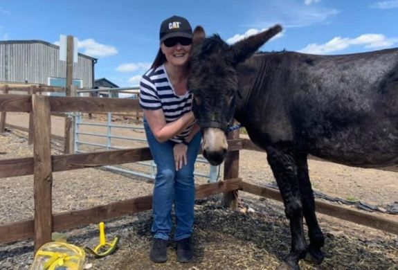 a woman standing next to a donkey on a donkey grooming experience