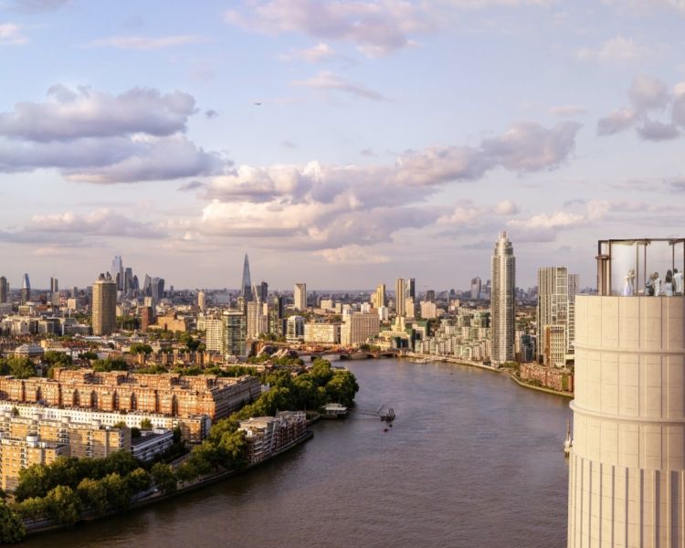 panorama view of london from lift 109 at battersea power station in london
