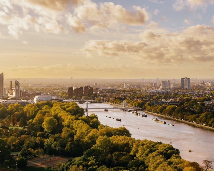 panoramic views over the london skyline from the top of lift 109 at battersea power station