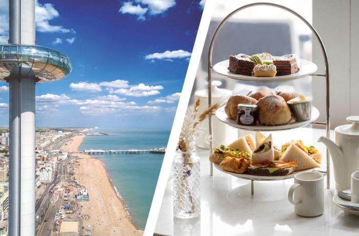 Split photo of the brighton i360 and an afternoon tea
