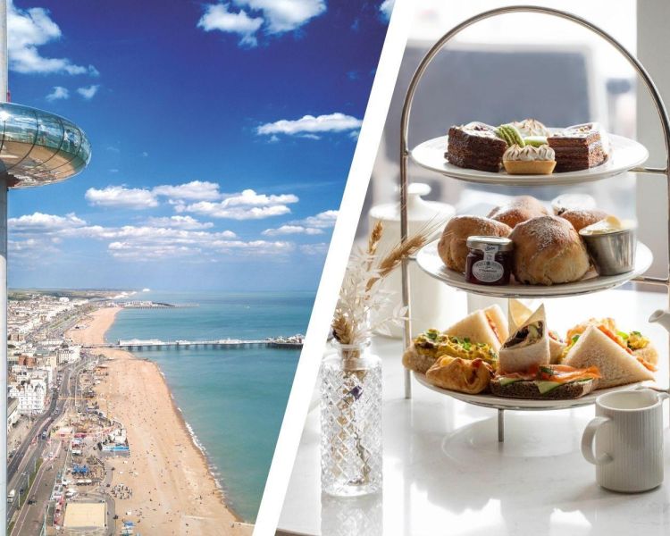 Split photo of the brighton i360 and an afternoon tea