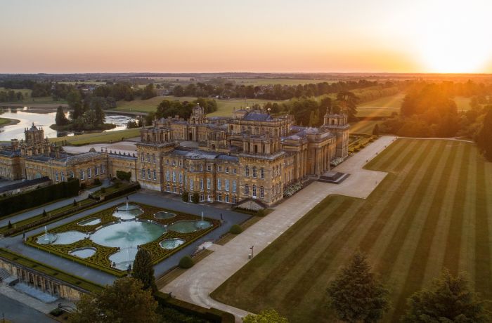 aerial shot of blenheim palace at sunset