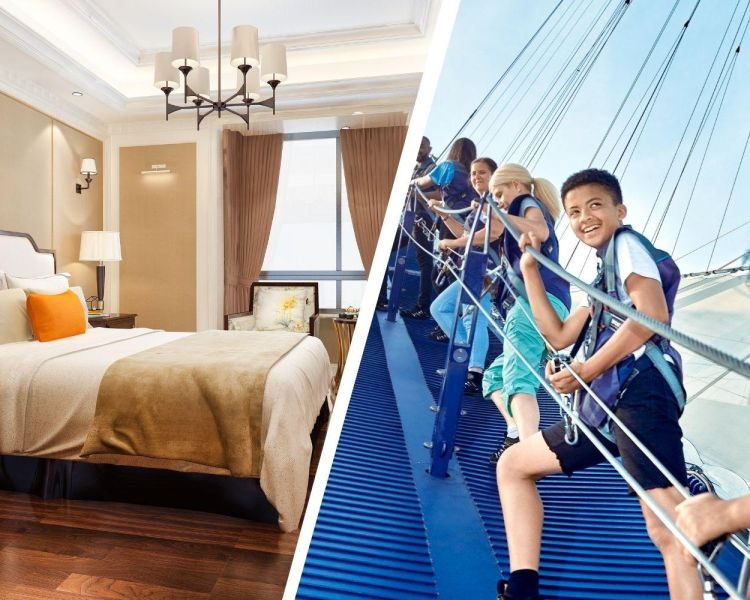 Split Photo Showing a Hotel Room and the Up at the O2 Experience