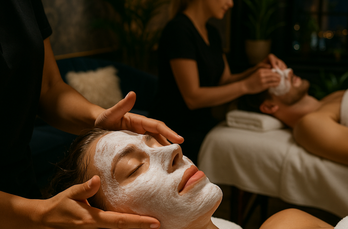 man and woman having a facial treatment side by side in london