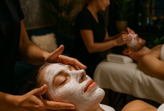 man and woman having a facial treatment side by side in london
