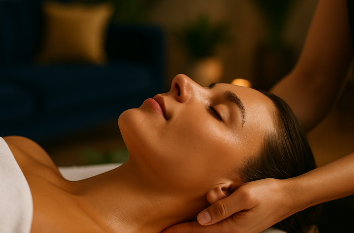 woman having a neck massage as part of a facial treatment in london