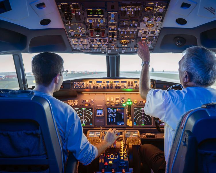 two men in the cockpit of a boeing 737 flight simulator at luton airport