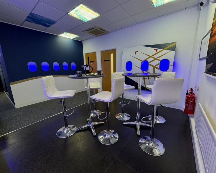the food breakout area at a fight simulator venue at luton airport