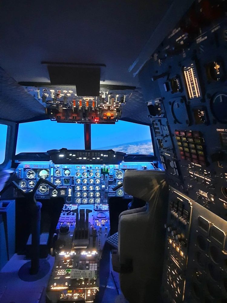 Inside of the concorde flight simulator showing the cockpit with controls 1
