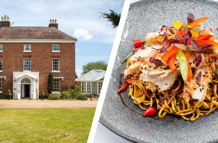 Split photo of shropshire hotel and chicken noodle dinner