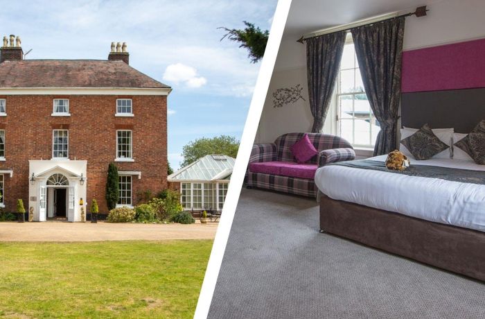 Split photo of front of shropshire hotel and large double room