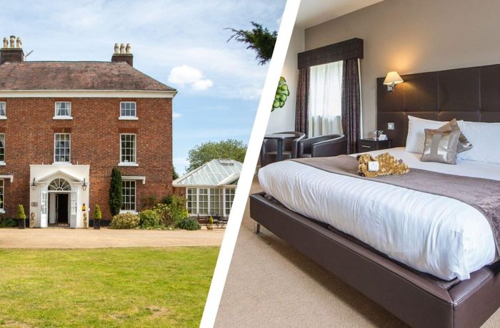 Split photo of front of shropshire hotel and double room
