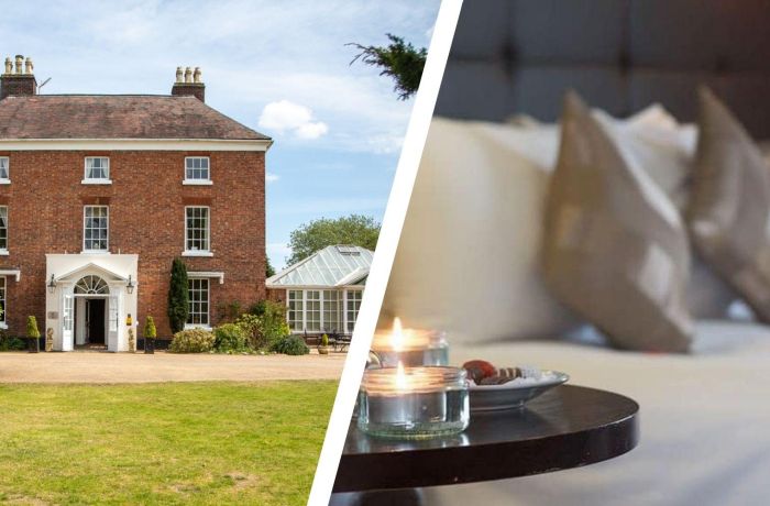 Split photo of front of shropshire hotel and double room with tealights