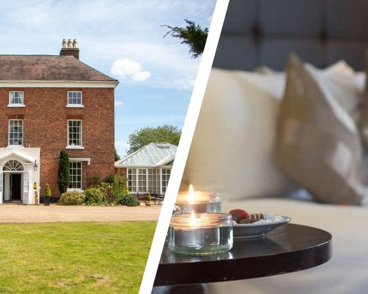 Split photo of front of shropshire hotel and double room with tealights