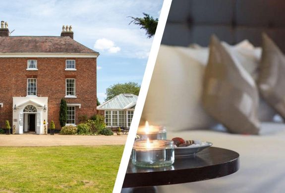 Split photo of front of shropshire hotel and double room with tealights