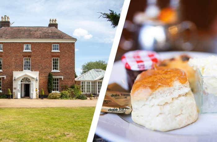 Split photo of front of shropshire hotel and cream tea