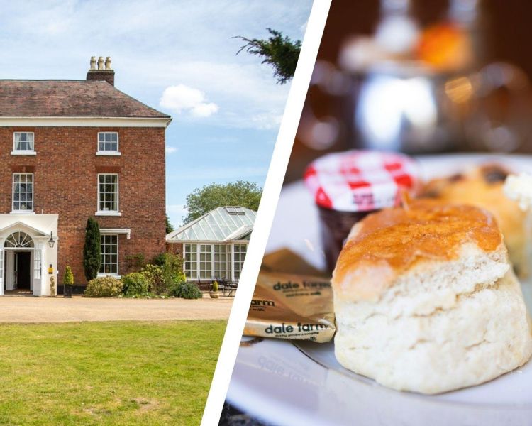 Split photo of front of shropshire hotel and cream tea