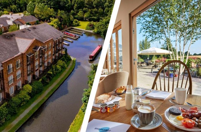Split photo of a canalside hotel and breakfast table overlooking the terrace at a hotel in oswestry