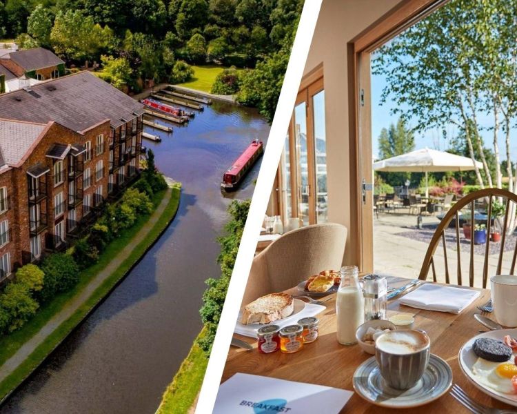 Split photo of a canalside hotel and breakfast table overlooking the terrace at a hotel in oswestry
