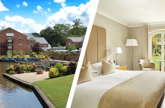 Split photo of a canalside hotel and double room at a hotel in oswestry