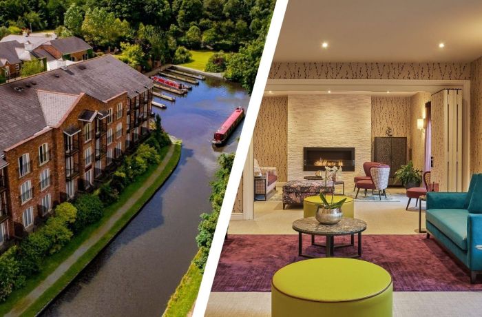 Split photo of a canalside hotel and spa relaxation area at a hotel in oswestry