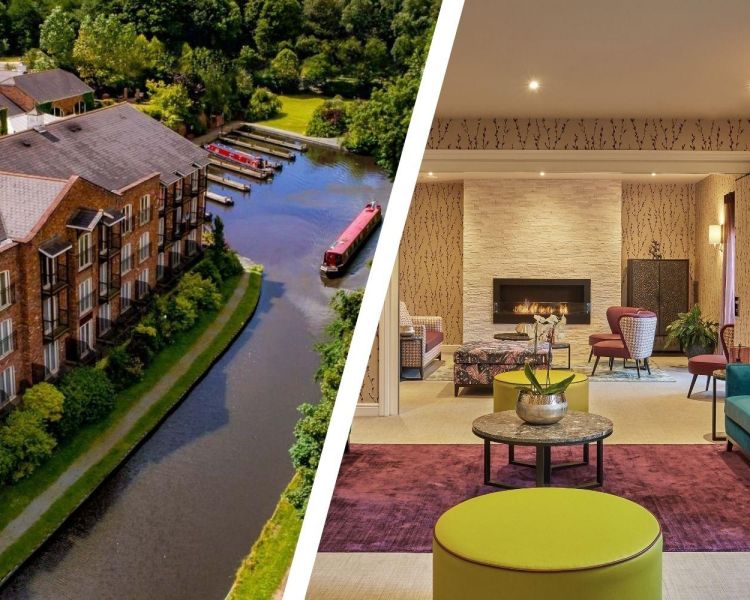 Split photo of a canalside hotel and spa relaxation area at a hotel in oswestry