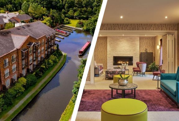 Split photo of a canalside hotel and spa relaxation area at a hotel in oswestry