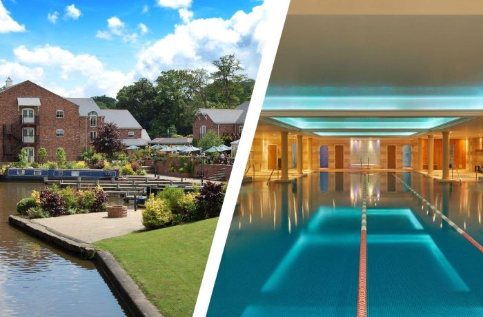 Split photo of a canalside hotel and spa swimming pool at a hotel in oswestry