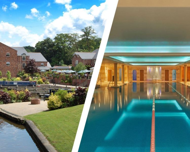 Split photo of a canalside hotel and spa swimming pool at a hotel in oswestry