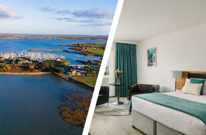 Split photo of an aerial view of a harbour side hotel and double room in hampshire
