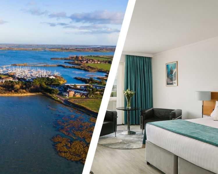 Split photo of an aerial view of a harbour side hotel and double room in hampshire
