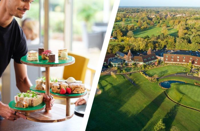 Split photo of an afternoon tea and aerial view of golf hotel in suffolk
