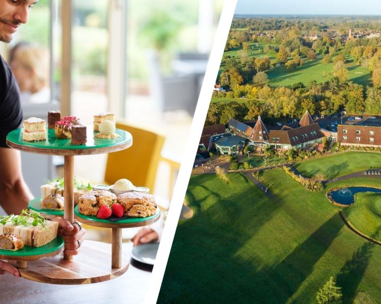 Split photo of an afternoon tea and aerial view of golf hotel in suffolk