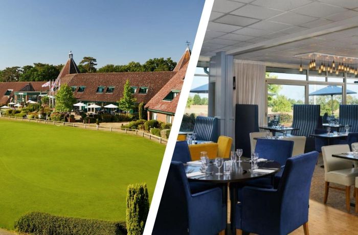 Split photo of a hotel golf and spa and its restaurant area in suffolk