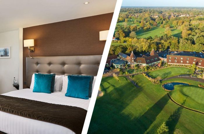 Split photo of a double room and aerial view of golf hotel in suffolk
