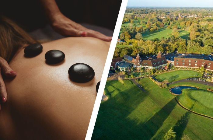 Split photo of a woman having a massage treatment and aerial view of golf hotel in suffolk
