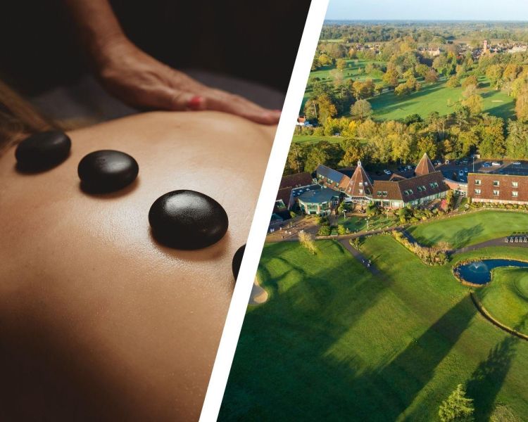 Split photo of a woman having a massage treatment and aerial view of golf hotel in suffolk