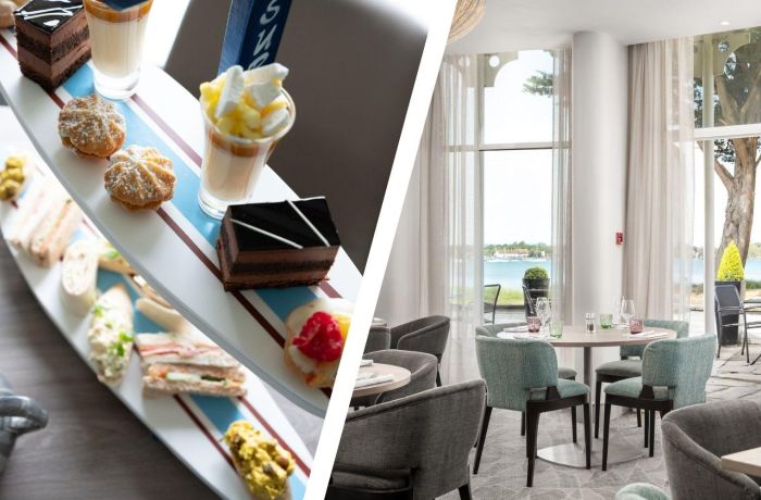 Split photo of an afternoon tea and terrace dining area of a hotel and spa in hampshire