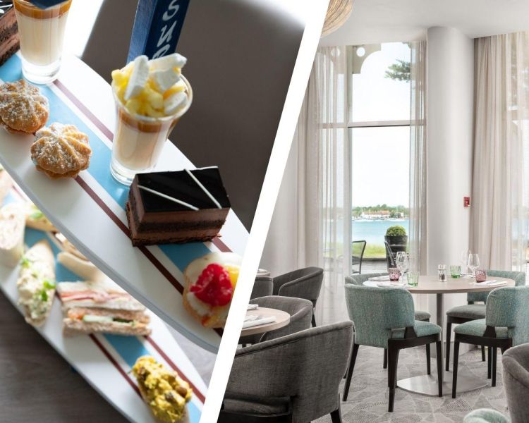 Split photo of an afternoon tea and terrace dining area of a hotel and spa in hampshire