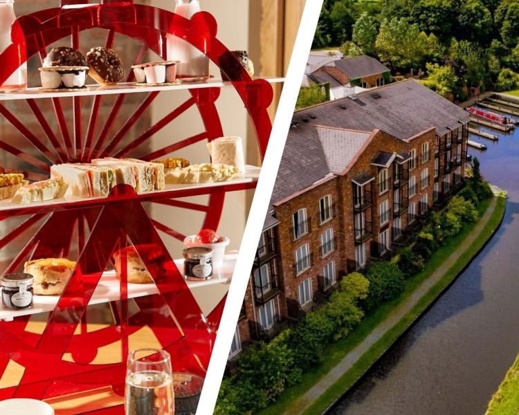 Split photo of an afternoon tea and a view of a hotel and spa in oswestry alongside a canal