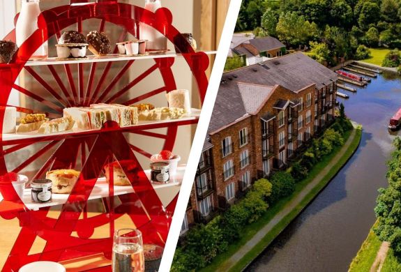 Split photo of an afternoon tea and a view of a hotel and spa in oswestry alongside a canal