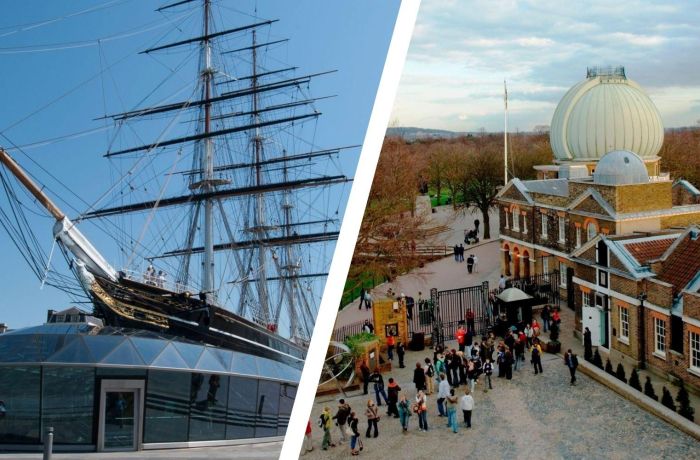 Split photo of the cutty sark and royal observatory in london