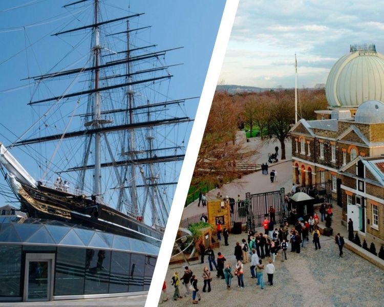 Split photo of the cutty sark and royal observatory in london