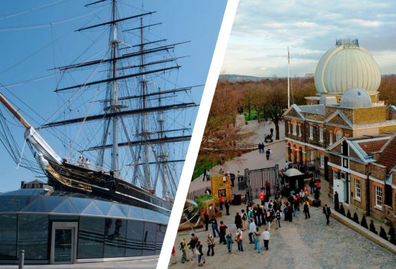 Split photo of the cutty sark and royal observatory in london