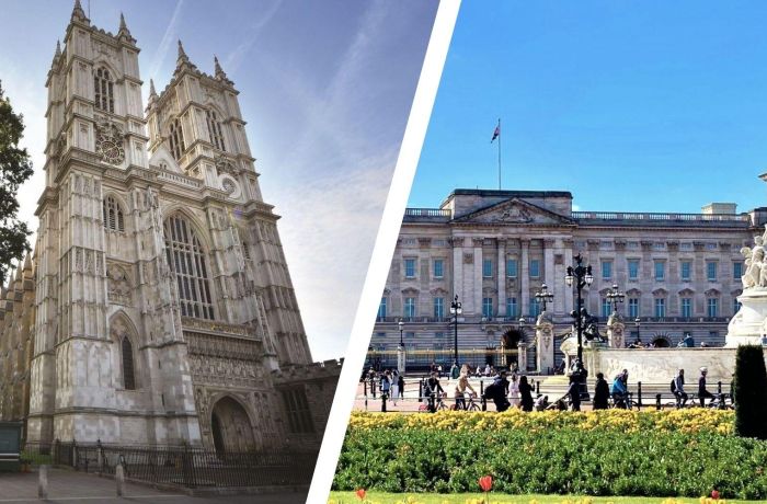 Split photo of westminster abbey and buckingham palace in london