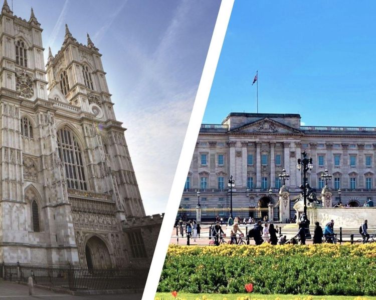 Split photo of westminster abbey and buckingham palace in london