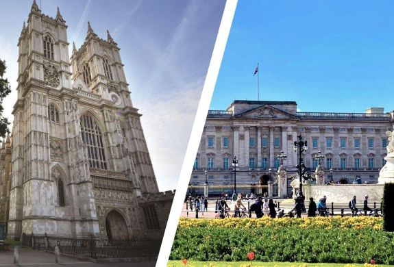 Split photo of westminster abbey and buckingham palace in london
